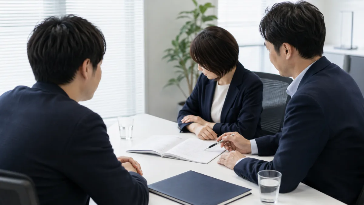 テーブルを囲み、資料を確認しながら相談する様子（AI生成・実際の職員やお客様の写真ではありません）